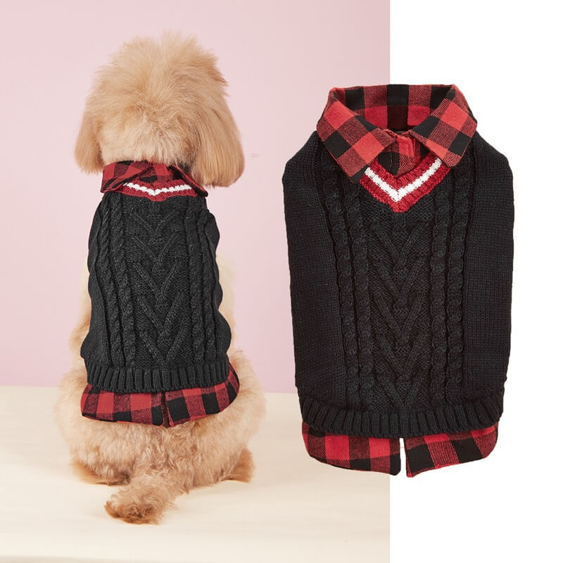 Perfect for Fall Winter Plaid Collar Cable Knit Dog Sweater Vest