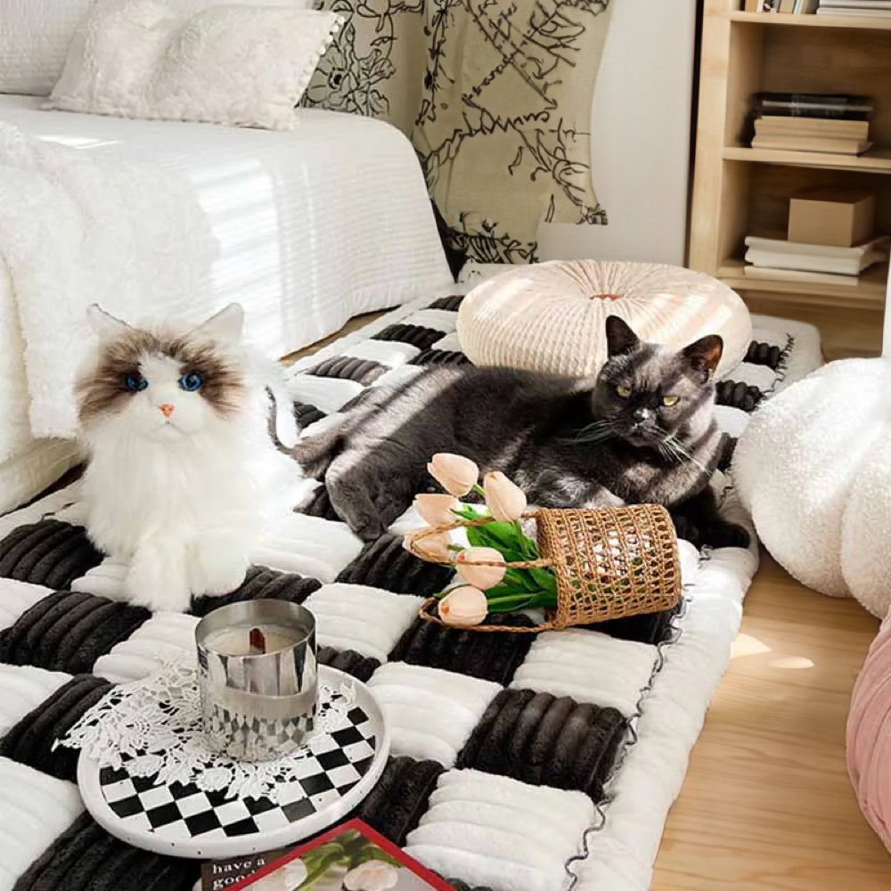 Cream-colored Large Plaid Square Fuzzy Pet Dog Mat Bed Couch Cover