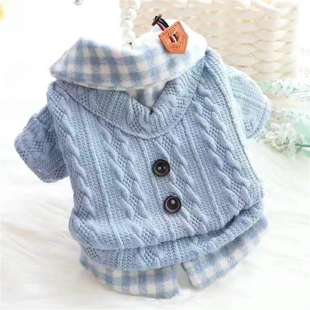 Cozy Knitted Dog Sweater with Plaid Collar – Available in Pink & Blue