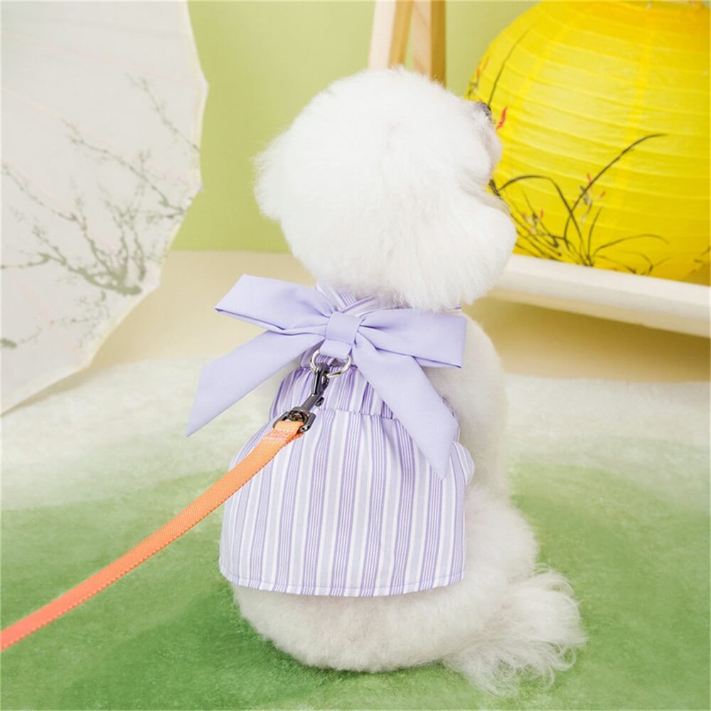 Elegant Lavender Striped Dog Dress with Harness | Comfortable & Stylish Pet Clothing