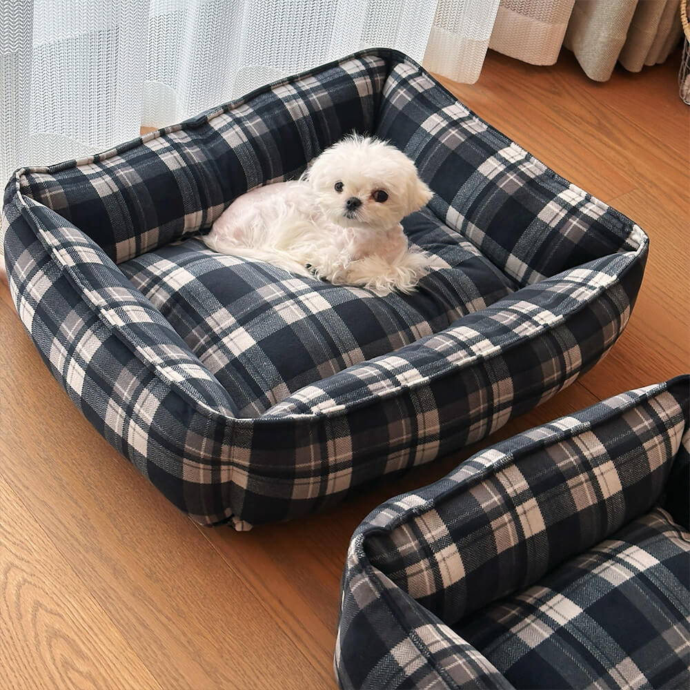 Durable Black Plaid Warm Full Surround Support Dog & Cat Bed