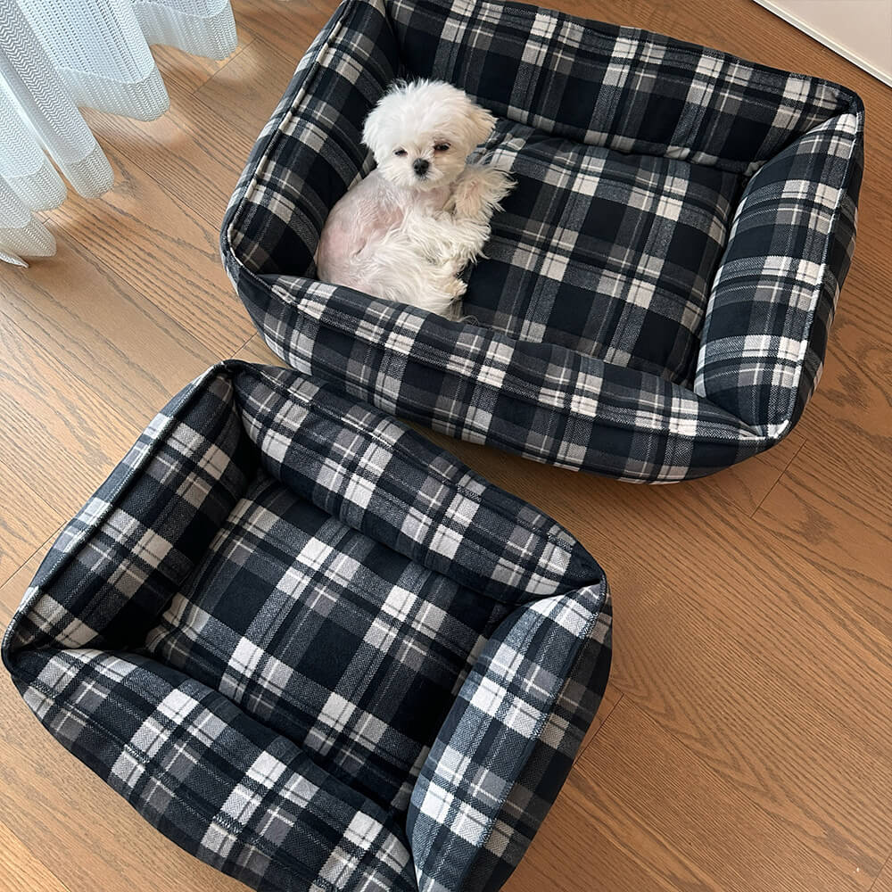 Durable Black Plaid Warm Full Surround Support Dog & Cat Bed