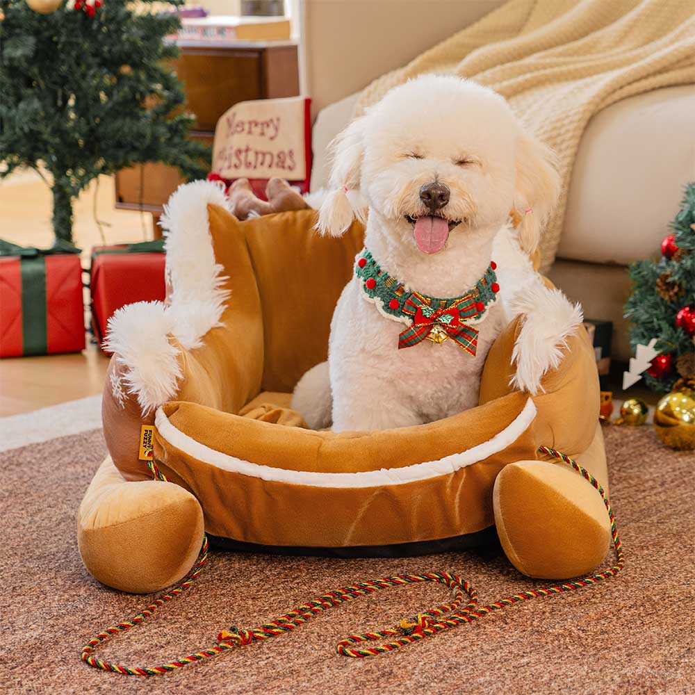 Festive Plush Cozy Dog Bed - Christmas Sleigh