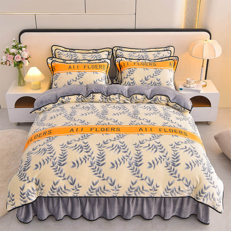 Floral Elegance Milk Velvet Bed Sheet Set with Bed Skirt