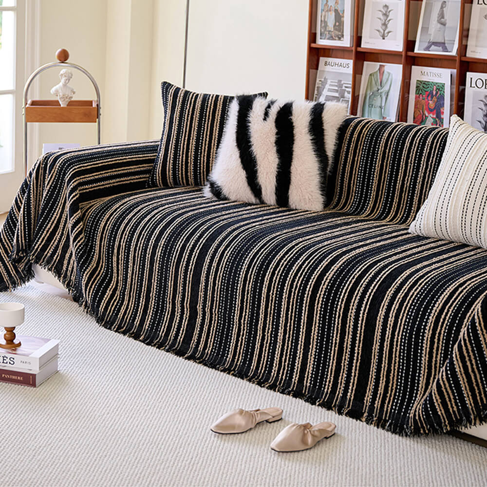 All-Season Striped Tassels Full-Cover Chenille Durable Couch Cover