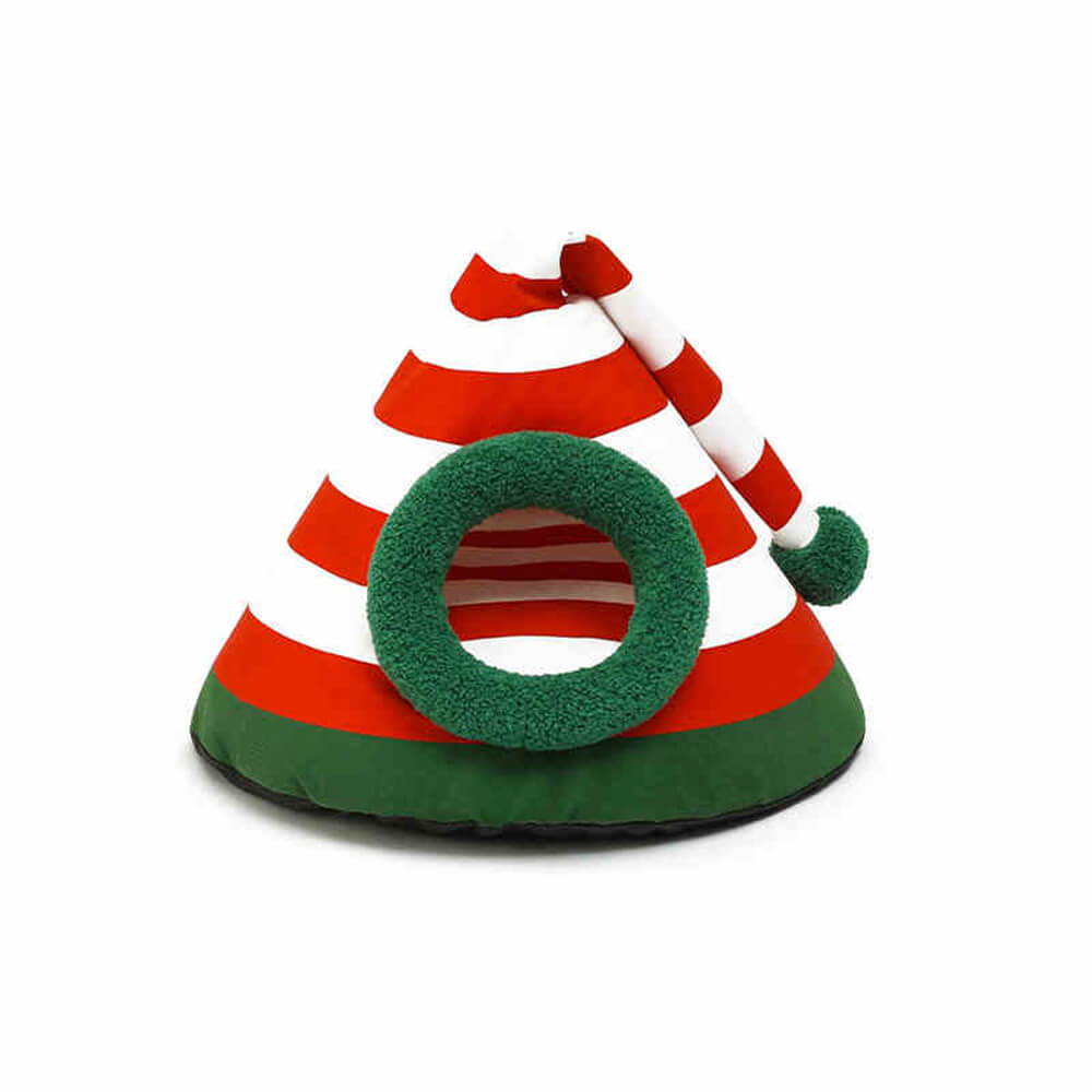 Classic Christmas Hat Warm Washable Semi-Enclosed Cat Cave Bed