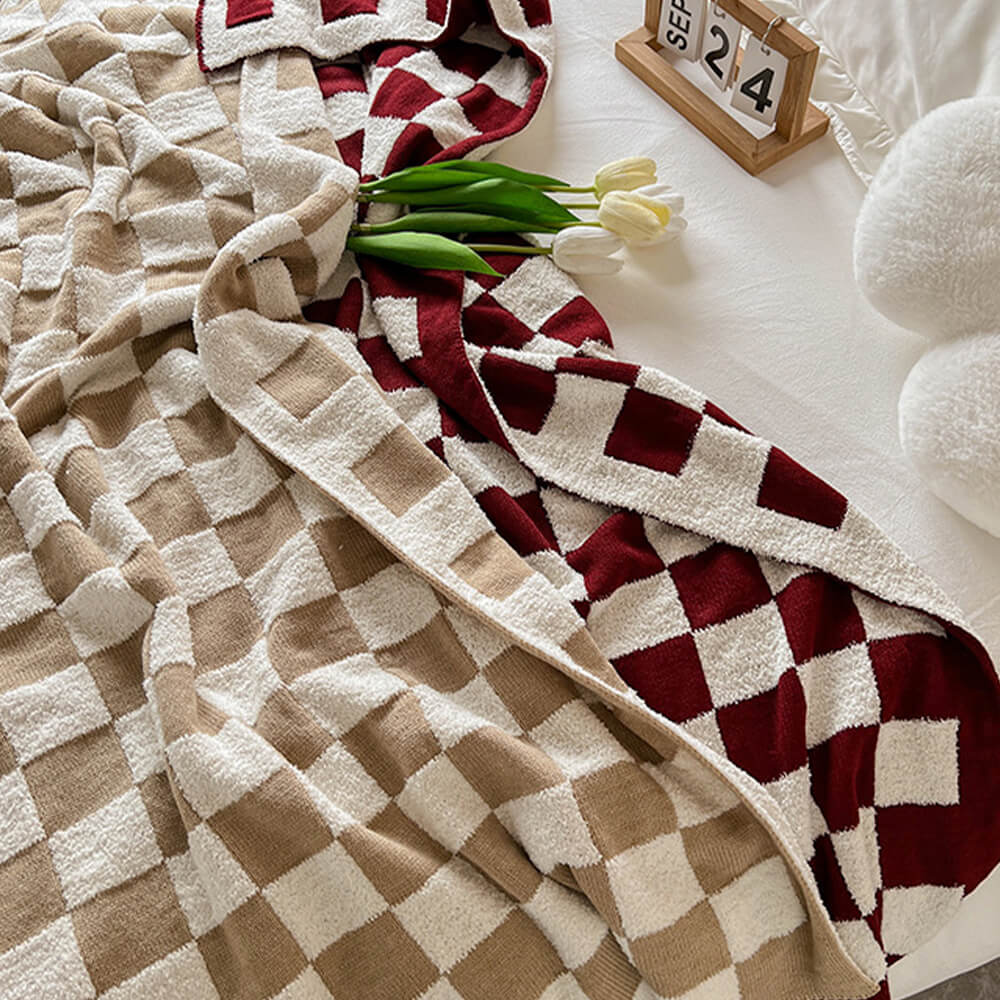 Plush Color-Block Checkerboard Throw Blanket