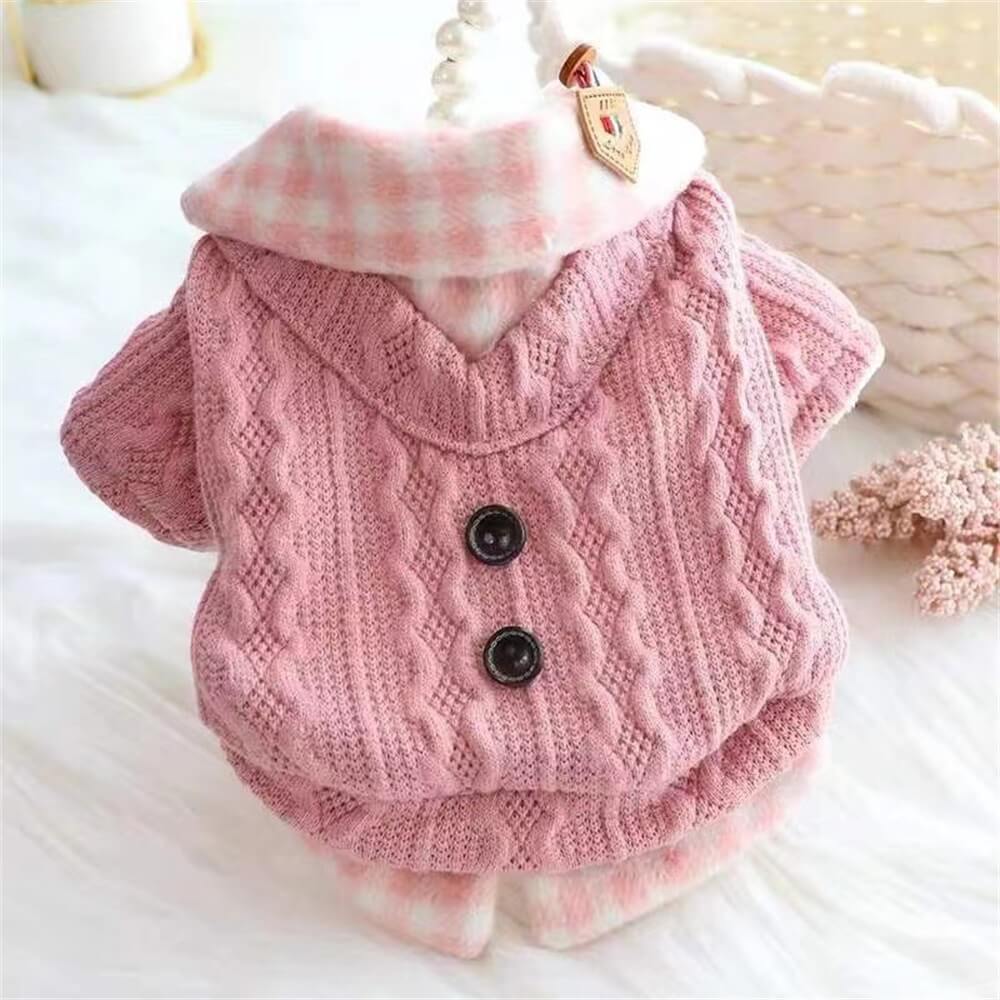 Cozy Knitted Dog Sweater with Plaid Collar – Available in Pink & Blue